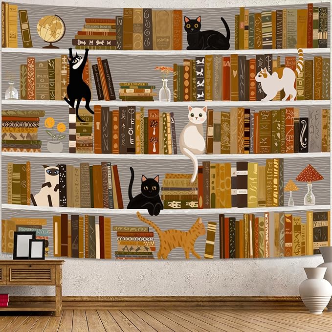 Accnicc Cat Bookshelf Tapestry Extra Large Black White Cute Cats Book Shelf Tapestries Wall Hanging Art Vintage Retro Academics Library Tapestry for Bedroom Living Room Dorm 90 x 68 inch