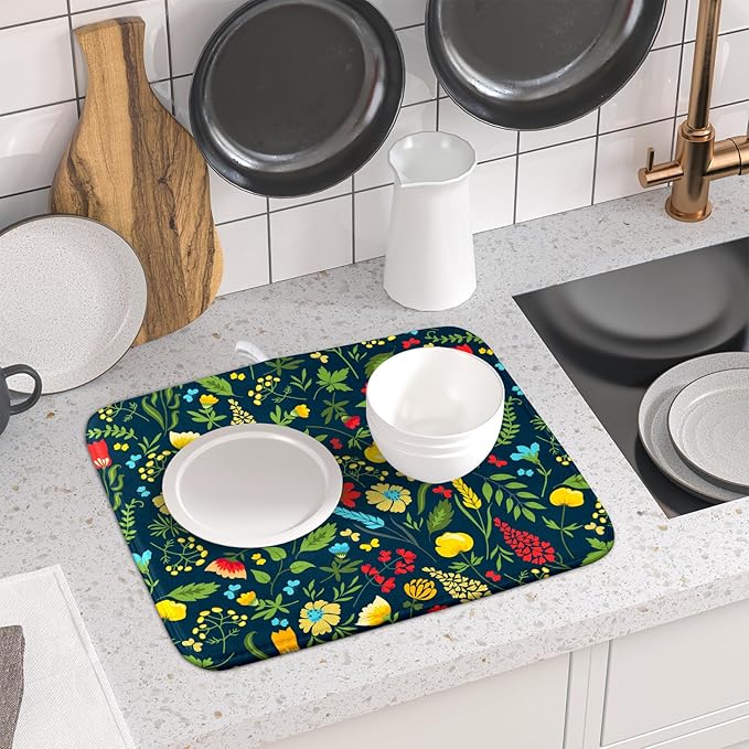 Floral Dish Drying Mat for Kitchen Counter Cute FLowers Seasonal Absorbent Reversible Microfiber Kitchen Countertop Protector Dishes Pad Small 16x18 inch