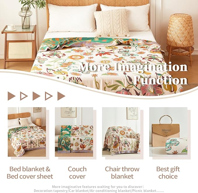 Floral Throw Blanket Pure Cotton Ultra Soft Lightweight Blanket Reversible Farmhouse Blankets Reversible Rustic Throw for Sofa Couch (60"x80",05-Butterfly and Flower)