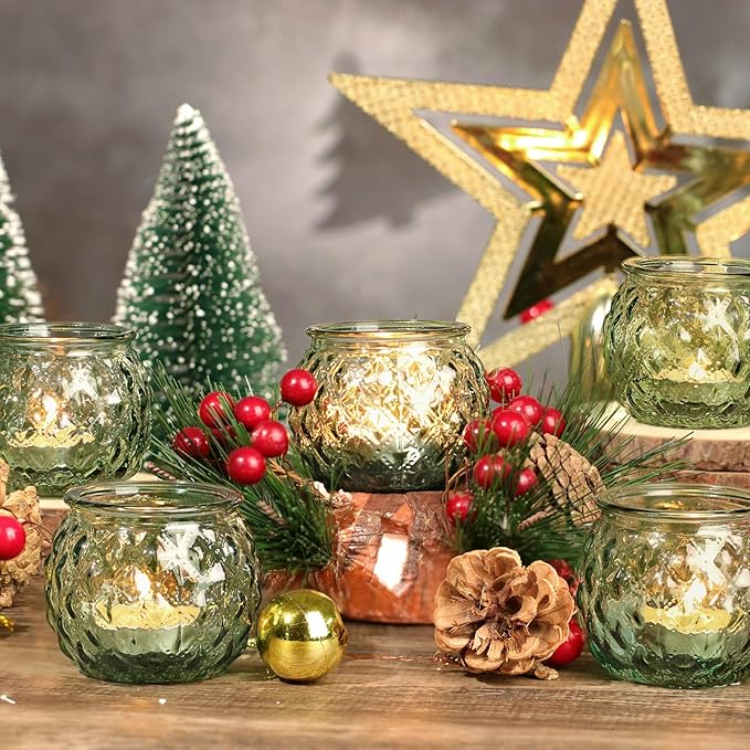 Green Votive Candle Holders Set of 24- Round Glass Candle Holders Bulk for Flameless LED Tea Waxes, Candle Holder for Wedding Shower & Home Table Decor, Various Parties