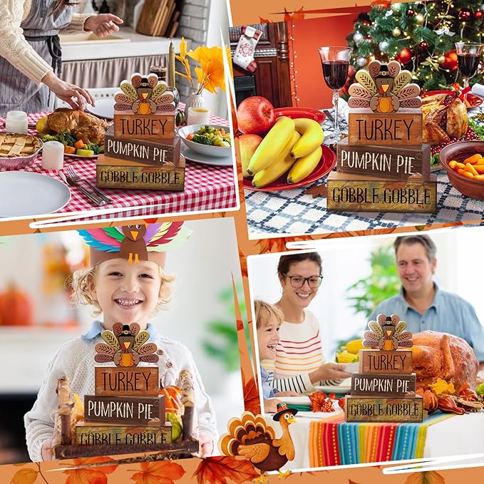 4 Pcs Fall Decorations for Home Thanksgiving Tiered Tray Decor Fall Table Decor Thanksgiving Centerpiece Rustic Wooden Turkey Block Sign for Autumn Harvest Party Table Kitchen Shelf