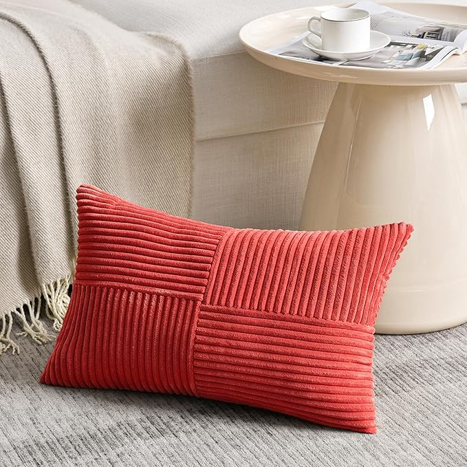 Fancy Homi 2 Packs Red Long Lumbar Decorative Throw Pillow Covers 16x24 Inch for Couch Bed Sofa, Holiday Christmas Home Decor Gift, Soft Striped Corduroy Rectangle Accent Cushion Case 40x60 cm