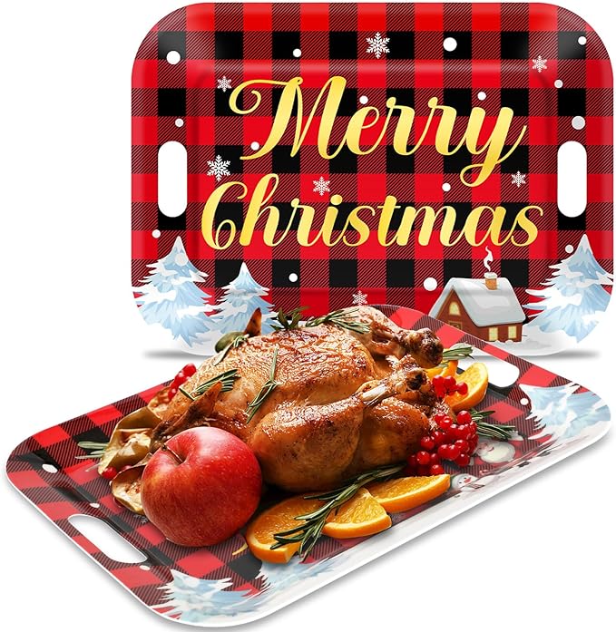gisgfim 2PCS Christmas Serving Tray with Handles 16 X 11 Inch Large Melamine Platters Serving Dishes Rectangular Buffalo Plaid Xmas Tree Winter Holiday Food Trays for Snack Cookie Candy Dessert Plates