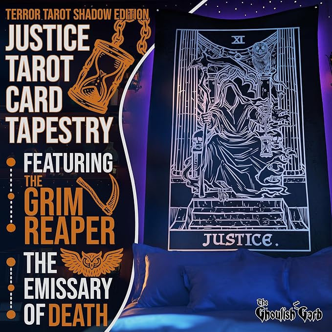 The Ghoulish Garb Justice Tarot Card Tapestry (Black & White) - Grim Reaper - Gothic Halloween Home Decor Wall Hanging (80" x 68")