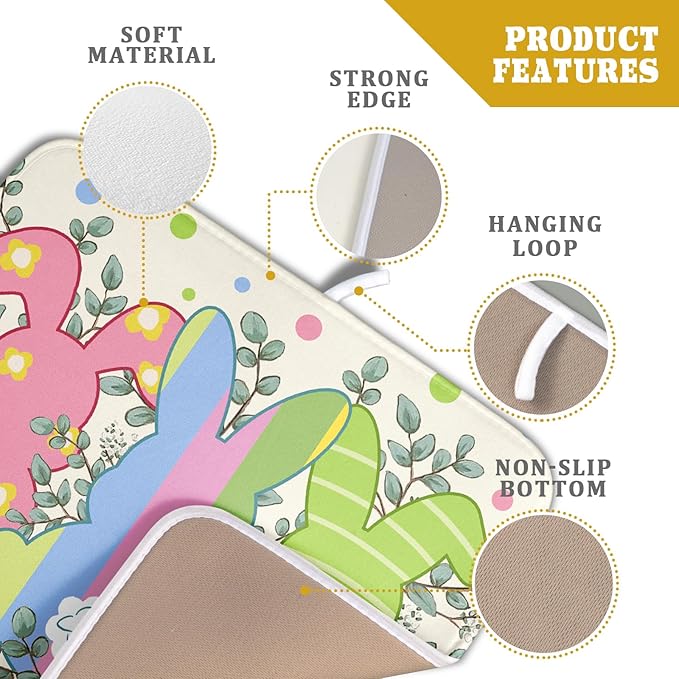 Easter Dish Drying Mat for Kitchen Counter Cute Bunny Rabbit Festival Seasonal Absorbent Reversible Microfiber Kitchen Countertop Protector Dishes Pad Large 16x18 inch