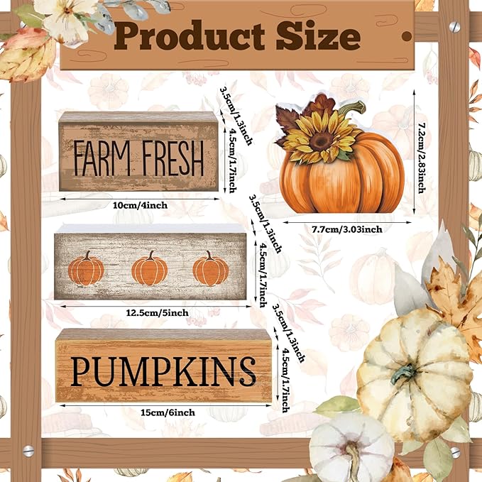 4 Pcs Fall Pumpkin Decor Fall Table Decoration Autumn Tiered Tray Decor Thanksgiving Centerpiece Rustic Decorative Pumpkin Block Signs Farmhouse Thanksgiving Decoration for Home Kitchen
