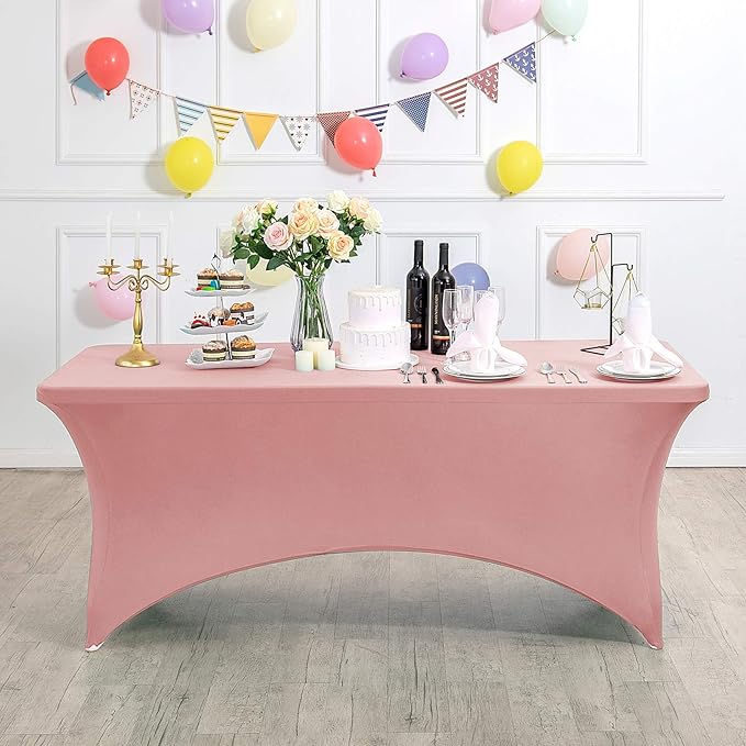 2Pack Spandex Table Cover for 8FT or 4ft or 6ft Table Universal Fitted Stretch Tablecloth for Party, Banquet, Wedding and Events-Dusty Pink