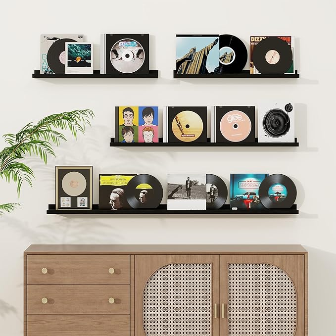 Picture Ledge Shelf, Solid Pine Wood Floating Shelves Set of 2, 36 Inches Nursery Book Shelves for Toys Storage, Kids Bookshelf Wall Mounted for Living Room Bedroom Decor Books Photo Frames, Black