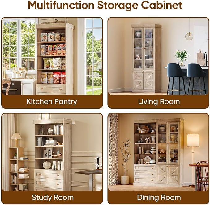 Vyre 71" Tall Farmhouse Bookshelves with Drawers, Large Modular Bookcase with Adjustable Shelves, Storage Cabinet for Living Room， Home Office, Kitchen, Brown