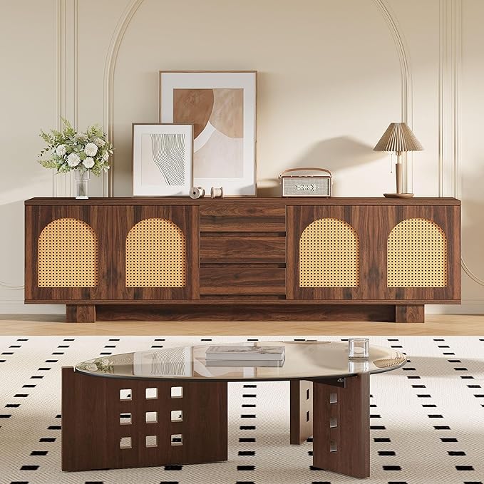 Tribesigns 70.9" TV Stand for TVs up to 80 Inches, Mid-Century Modern Entertainment Center with Storage and Drawers, Rattan Media Console TV Cabinet for Living Room, Bedroom, Walnut