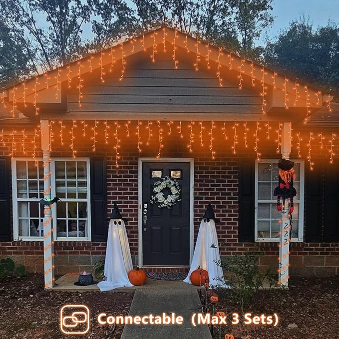 YEGUO 33ft 400 LED Orange Halloween Lights, Connetable Icicle Light Outdoor Waterproof, 8 Modes Christmas Lights Indoor Plug in for Thanksgiving House Patio Fall