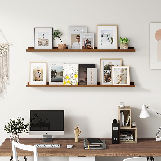 Picture Ledge Shelf, Floating Shelves Set of 2, Solid Pine Wood 55'' Long Large Nursery Book Shelves for Toys Storage, Kids Bookshelf for Living Room Bedroom Decor Books Photo Frames, Walnut