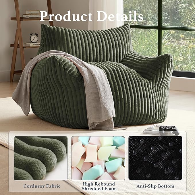 Giant Plush Bean Bag Chair for Adults with Armrests - Oversized Comfy Green Beanbag Lounge Lazy Floor Sofa Accent Chair for Living Room, Bedroom & Dorm, Cozy Fluffy Single Cloud Mini Couch