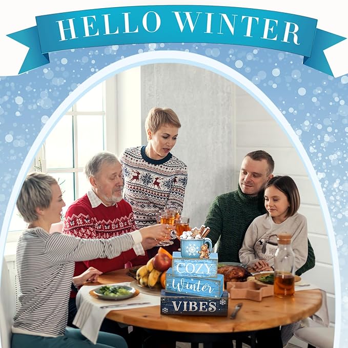 4 Pcs Christmas Table Decoration Wooden Hot Cocoa Decor Winter Tiered Tray Decor Christmas Centerpiece Rustic Decorative Hot Cocoa Block Sign Farmhouse Winter Decoration for Home Kitchen