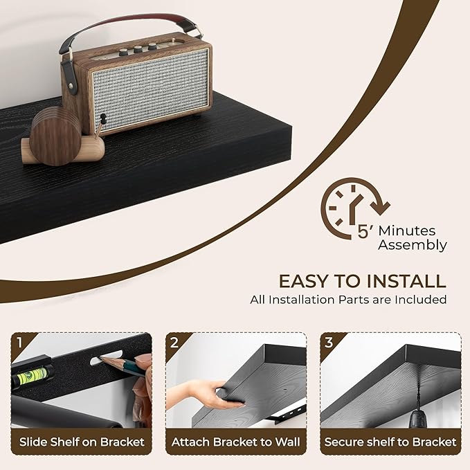 RICHFOCUS 55Inch Floating Shelves for Wall 1 Pack Shelves for Bedroom|Kitchen|Bathroom Wall Mounted Rustic Wood Floating Shelf with Invisible Brackets for Books|Storage|Decor, Black