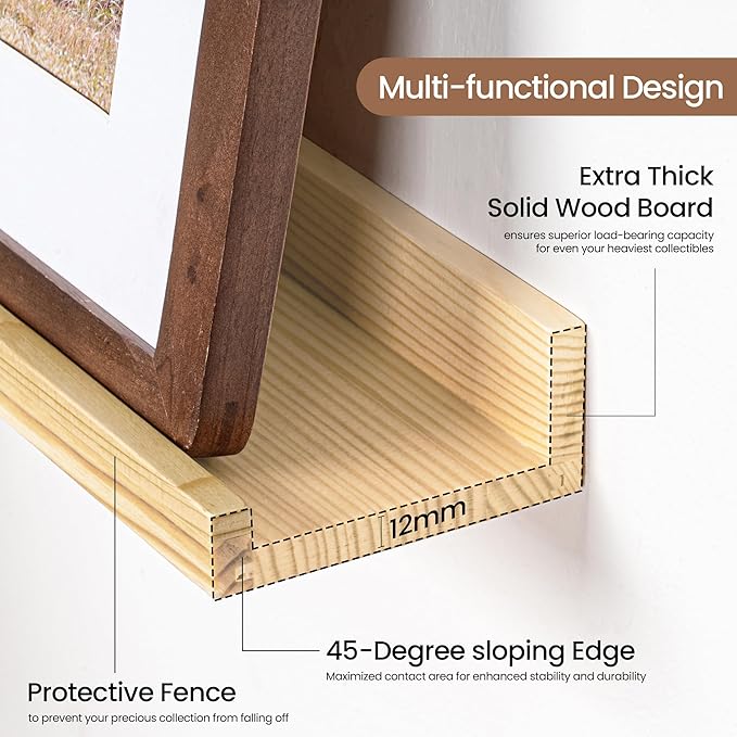 Picture Ledge Shelf, Solid Pine Wood Floating Shelves Set of 2, 40 Inches Nursery Book Shelves for Toys Storage, Kids Bookshelf Wall Mounted for Living Room Decor Photo Frames, Unfinished Natural