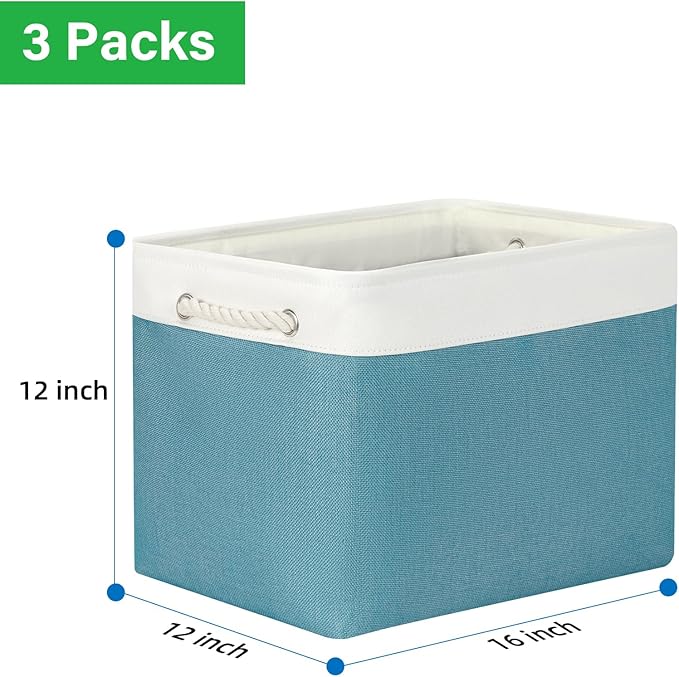 Bidtakay Large Storage Baskets for Shelves 3 Pack 16x11.8x11.8 Inch Storage Bins for Organizing Fabric Storage Cubes for Closet Clothes Basket Laundry-White&Teal