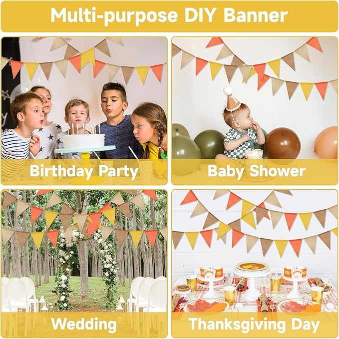 G2PLUS Pre-Strung Burlap Pennant Banner, 39Ft Orange Yellow Triangle Flag Bunting, 36pcs Pennant Banner Flags Garland for Fall, Thanksgiving, Farmhouse and Party Decor