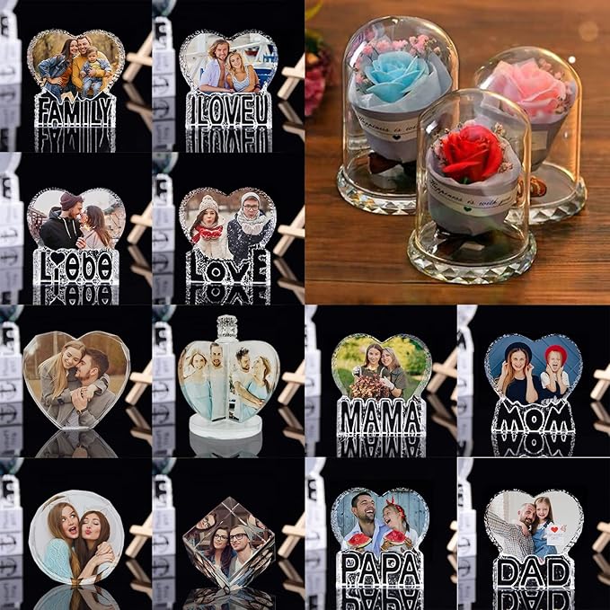 3D Crystal Photo, Personalized 4 Photos-Color Print Picture, Crystal Night Light Family Baby Mother Lover Daddy Day Gift, Rotating Windmill Rose Ornament lamp
