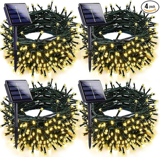 4-pack Solar Christmas Lights Outdoor Waterproof, 400LED 132FT Solar String Light with 8 Lighting Modes, Solar Tree Lights Green Wire for Xmas Tree Party Wedding Garden Fence Decoration (Warm White)