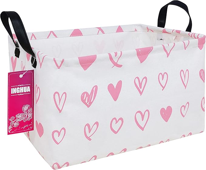 Rectangular Storage Basket Fabric Organizer Bin for Toys,Books,Clothes,Gifts,Pets-Perfect for Home,Office,Nursery,Dorm,Shelf(Rec-Pink hearts )