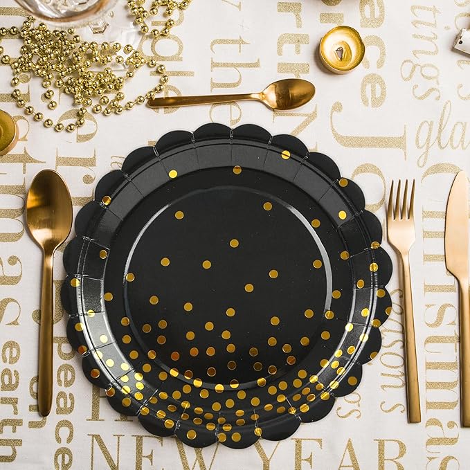 50PCS Black and Gold Paper Plates, 7 Inch Black Scalloped Party Plates Disposable Dessert Plate Cake Plate for Graduation Retirement Aniversary Birthday Dinner