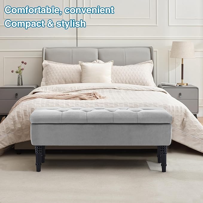 Ottoman with Storage Velvet Storage Bench Holds Up to 500 lbs Ottomans Upholstered Bench with Seating for Bedroom, Living Room, Grey