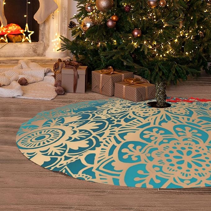 48" Large Christmas Tree Skirt, Elegant Teal Green Mandala Pattern Pattern Tree Mat Base Cover for Xmas Festive Holiday Party Decoration Ornaments