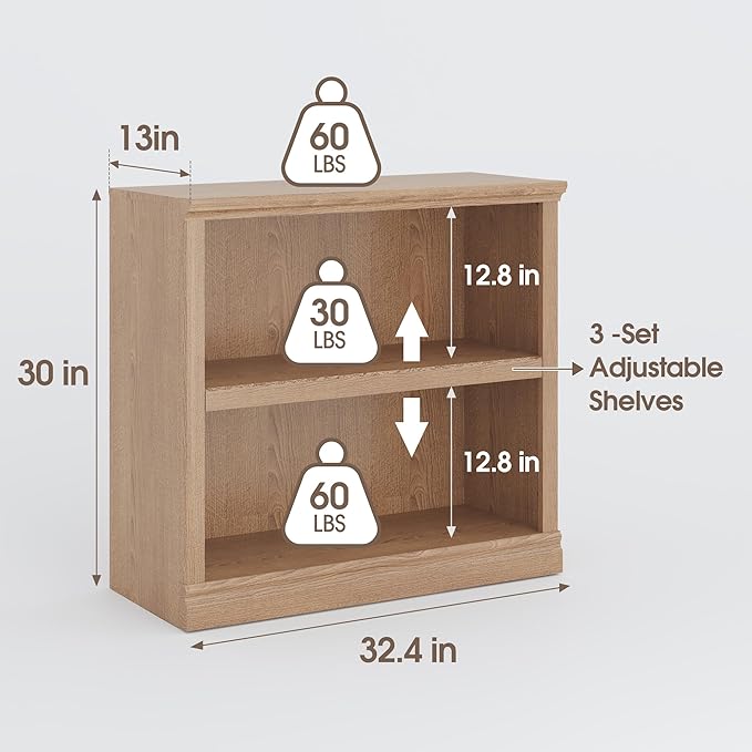 Bookcase, 2 Tiers S Bookshelf Open Storage Organization, Floor Standing Indoor Furniture Book Case for Library Office Living Room Bedroom, Salt Oak - 2 Tier