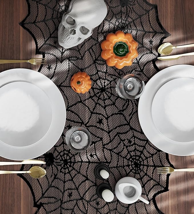 Halloween Table Runner,72 Inches Long Black Lace Spider Web Table Runners for Halloween Table Decoration/Party Dinner Table Decor,Kitchen,Mantel,Bedroom Decoration