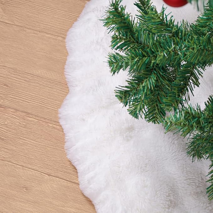 48 Inch Rabbit Fur Christmas Tree Skirt White Plush Skirt for Merry Christmas Party Christmas Tree Decoration