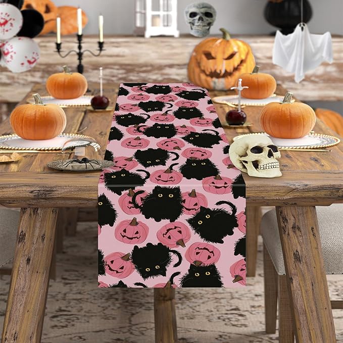 Halloween Table Runner Black Cat Pink Pumpkins Seasonal Kitchen Dining Table Home Outdoor Party Decorations 13x90 Inch