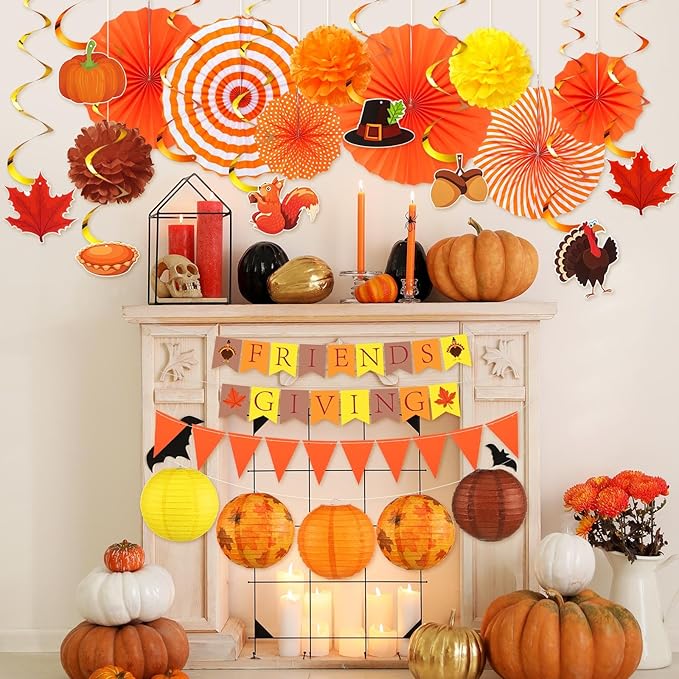 28 Pcs Fall Party Decoration Thanksgiving Party Supplies Include Friends Giving Banner Autumn Paper Lanterns Pom Pom Hanging Fans Bunting Garland Swirl Streamers for Thanksgiving Harvest