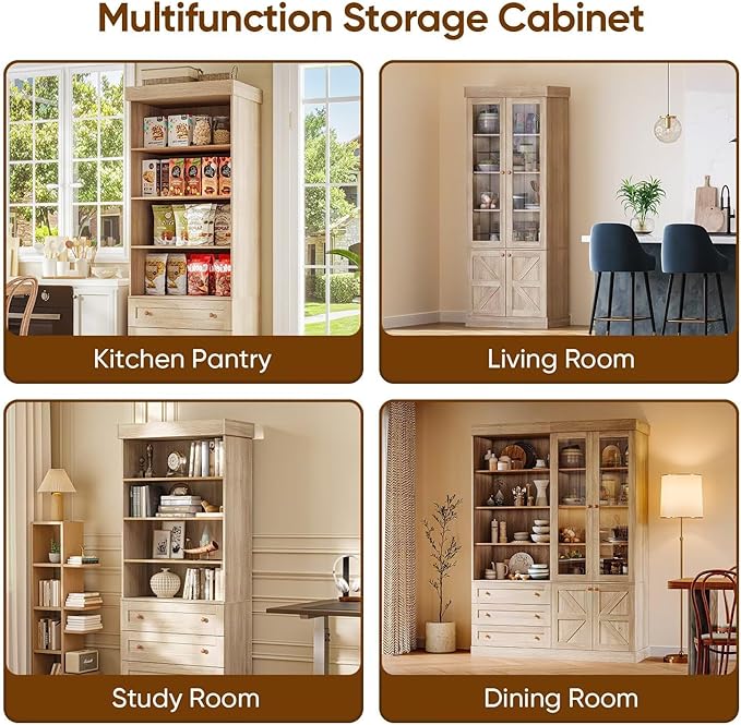 Vyre 71" Tall Farmhouse Bookshelves with Drawers, Set of 3 – Large Modular Bookcase with Adjustable Shelves, Storage Cabinet for Living Room, Kitchen, Home Office, Brown