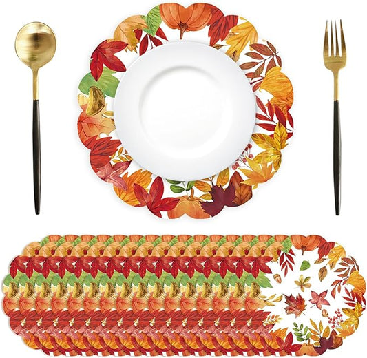 50Pcs Thanksgiving Fall Round Paper Placemats,13.4 Inch Autumn Maple Leaves Round Table Mats Fall Scalloped Disposable Placemats for Harvest Birthday Thanksgiving Party Supplies