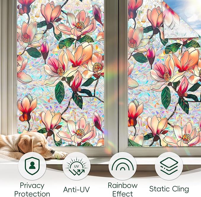 DUOFIRE Window Privacy Film Decorative Stained Glass Window Film Rainbow Magnolia Floral Static Cling Non-Adhesive Reusable Anti UV Colorful Window Decal for Home 16.92×39.37 inch