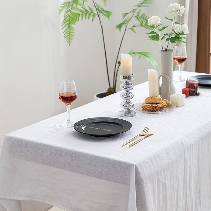 EVERLY 100% Pure Linen Rectangle Tablecloths 60x84Inches for Dining, Buffet Parties, Picnic,Events, Weddings and Restaurants, Decorative Halloween, Thanksgiving Machine Washable Tablecloths-White
