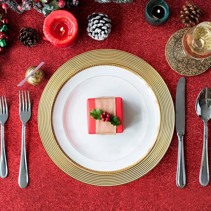 13" Round Charger Plates, 6 pack Ring Pattern Plastic Chargers for Dinner Plate, Vintage Charger Plates Bulk Wedding, Metallic Foil Gold