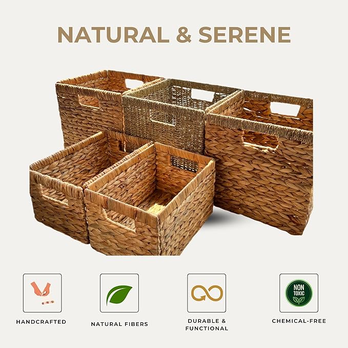 Woven Basket For Shelves, Baskets for Organizing, Wicker Storage Basket with Built-in Handles, Natural Baskets for Toys, Kitchen Storage (Medium 2-Pack, Natural Water Hyacinth)