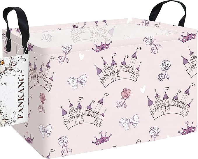 FANKANG Storage Bins, Nursery Hamper Canvas Laundry Basket Foldable with Waterproof PE Coating Large Storage Baskets for Kids Boys and Girls, Office, Bedroom, Clothes,Toys(Rec-Princess Castle