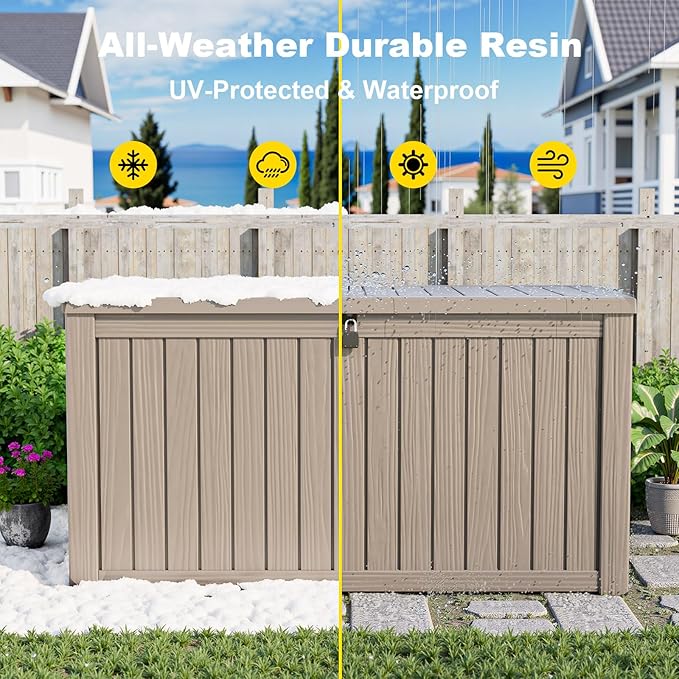 150 Gallon Deck Box Large Outdoor Storage for Patio Furniture,Outdoor Cushions,Garden Tools and Pool Supplies,Waterproof,Resin,Lockable(Grey)