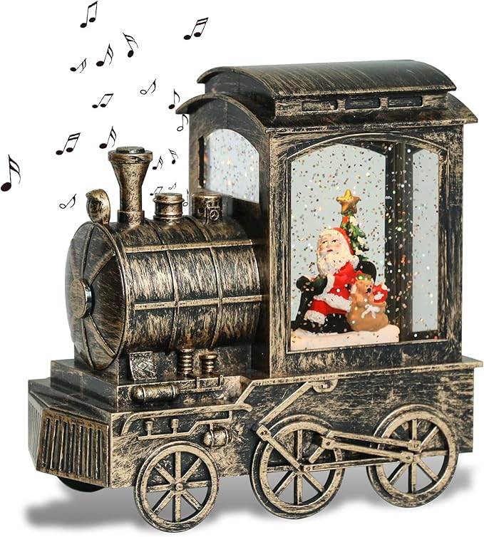 GenSwin Christmas Snow Globe Lantern Train Water Swirling Glitter with 6H Timer, Musical LED Lighted Battery Operated Santa Claus Scene for Christmas Home Decoration and Gift(Copper)