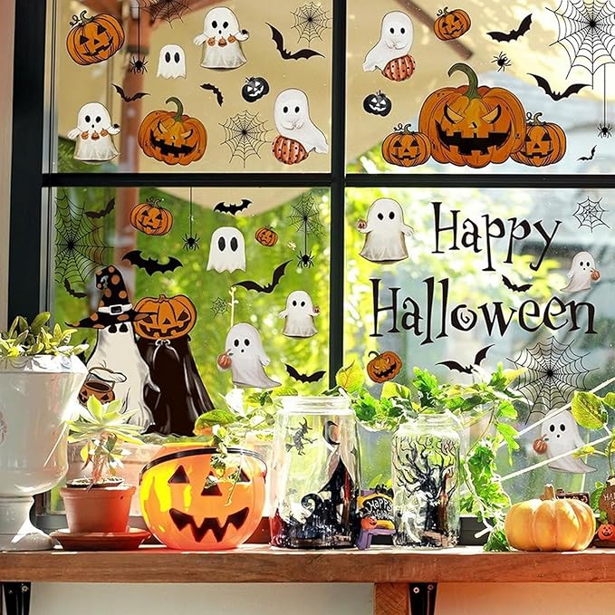 Halloween Ghost Window Clings for Glass 6 Sheets Cute Window Decals Spooky Window Stickers Pumpkin Spider Windows Cling for Halloween Fall Party Home School Office Glass Supplies Decorations