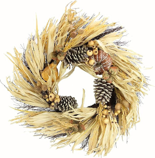 Admired By Nature Pumpkin Wheat Berry Corn Husk Wreath - 24" Artificial Hanging Wreath for Home Decor, Offices, Weddings, Events, Parties, Thanksgiving