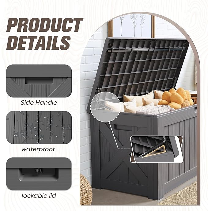 JUMMICO 120 Gallon Resin Deck Box, Large Outdoor Storage Box Waterproof & Lockable for Garden, Patio, Pools (Gray)