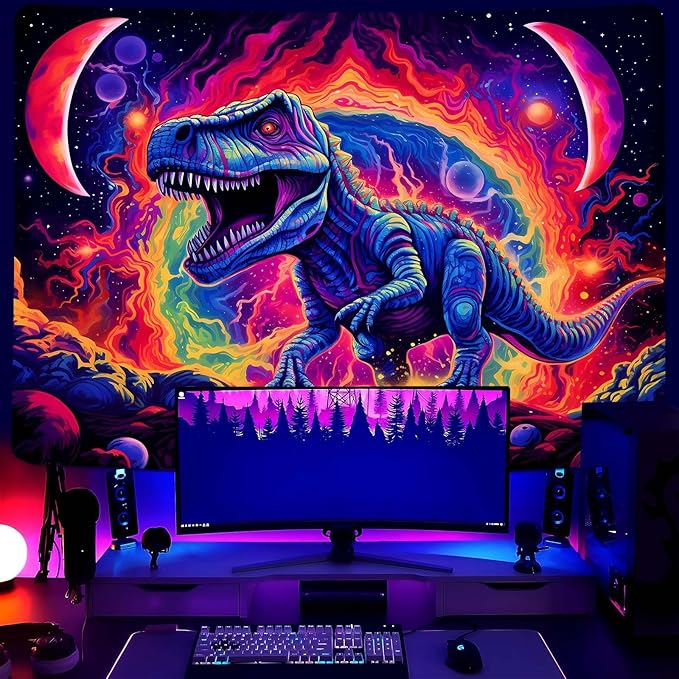 Dinosaur Tapestry Blacklight, Black Light Dinosaur Posters for Boys Room Uv Cool Dino Kids Tapestry for Teen Bedroom Home Decor 60x50in