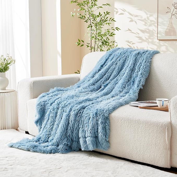 GONAAP Fuzzy Faux Fur Throw Blanket Twin Size Light Blue Super Soft Cozy Plush Fuzzy Shaggy Blanket for Couch Sofa Bed (Light Blue, Twin(60"x80"))