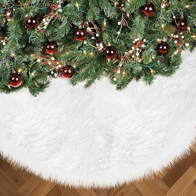 48 Inch Christmas Tree Skirt, White Plush Faux Fur Tree Skirts for 7.5 to 9 ft Trees, Snowy Xmas Tree Mat Decorations for Holiday Christmas Halloween Indoor Outdoor Decor
