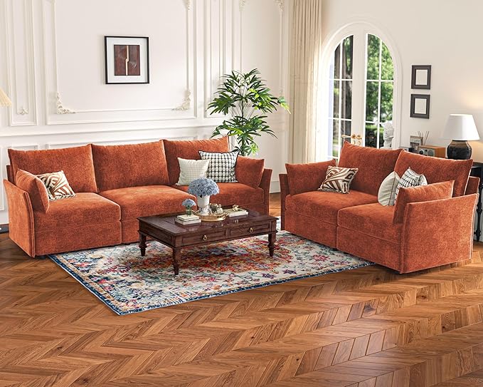 135.5" Oversized Modular Sectional Sofa, L Shaped Convertible Couch with Movable Ottoman, 5 Seat Corner Couches for Living Room Deep Seat Terracotta Orange Chenille