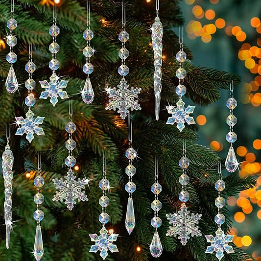 80pcs Christmas Crystal Snowflake Ornaments for Tree - Iridescent Christmas Acrylic Snowflakes Drop Icicle Pendants Hanging Ornaments for Xmas Tree Winter Holiday Frozen Wedding Party Decorations